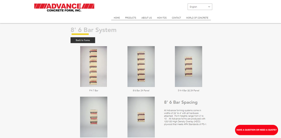 Advance Concrete Form 8' 6 Bar System